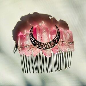 Rose Quartz Pink Crystal Moon Hair Comb - Decorative Women's Hair Accessory